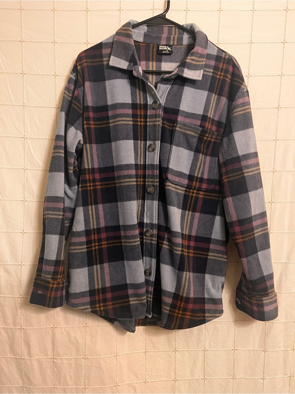 Eddie Bauer Women’s Microfleece Plaid Shacket Button Up Shirt Jacket Blue Medium